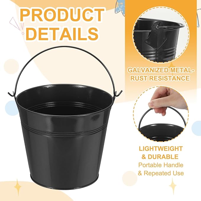 Small Metal Buckets, Mini Buckets with Handle Galvanized Colored Tin Pail Containers Basket Party Supplies - Fit for (Halloween - Classroom Crafts) 6" & 10Pcs & Black