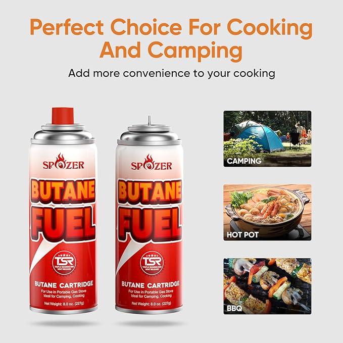 Butane Refill Canisters 227g (8oz) Premium Butane Fuel for Camping Stoves & Kitchen Torches – Portable Gas Canisters for Outdoor Cooking, Grilling, and Picnics – Camping Stove Fuel