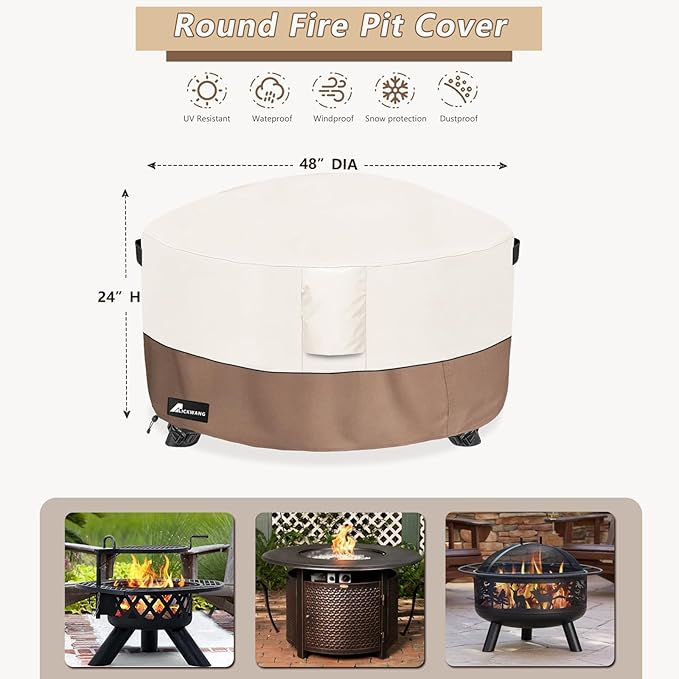 Fire Pit Cover Round 48 Inch Waterproof,Outdoor Heavy Duty Durable 600D Tear-Resistant Fire Pit Table Cover,Patio Round Firepit Cover 48" D x 24" H, Beige