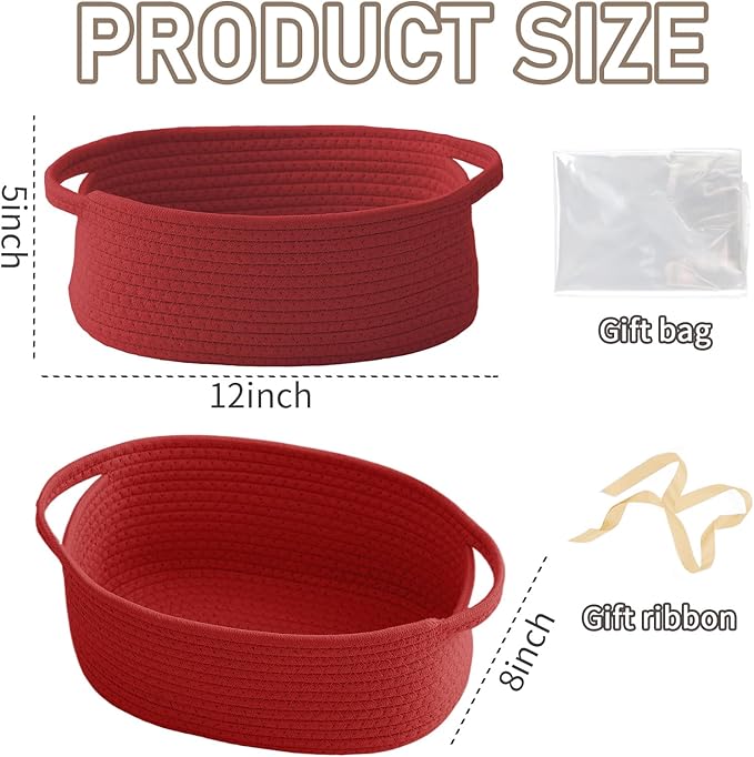 Woven Basket,Small Rope Storage Bin with Handles & Ribbon Bag, Organizer for Shelves Closets,Gift Basket Empty for Birthday,Books,Dog Toys, Red