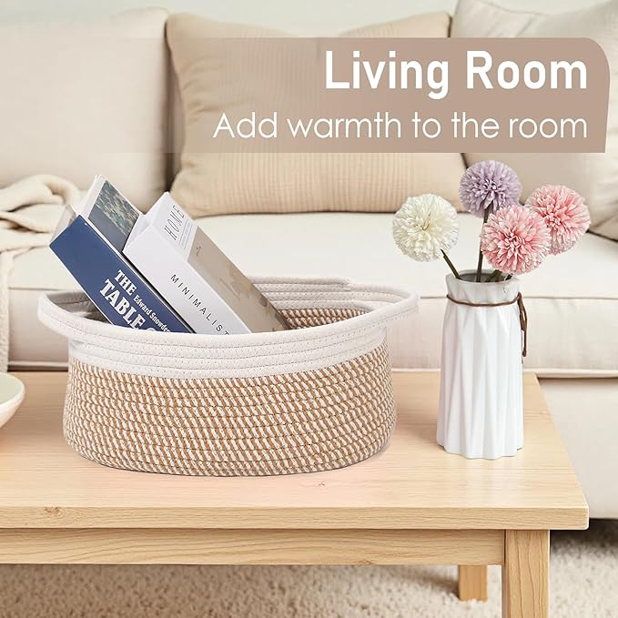 Woven Basket,Small Rope Storage Bin with Handles & Ribbon Bag, Organizer for Shelves Closets,Gift Basket Empty for Birthday,Books,Dog Toys, White&Brown Block/2 Pack
