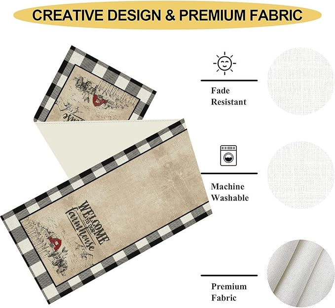 Farmhouse Table Runner, Rustic Country Barn Cottage Check Animal Coffee Table Center Decor for Home Kitchen Dining Patio Holiday Party Indoor Outdoor Table Decorations 13"x90"