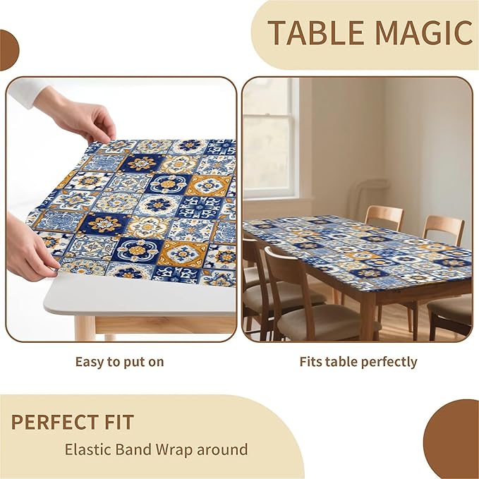 Rectangle Table Cloth Cover Waterproof Elastic Fitted Polyester Fitted Tablecloths for 6 Foot Tables for Indoor,Picnic, Camping, Outdoor （72" x 30"，Bohemian Style）