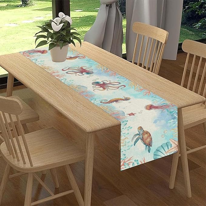 Blue Coastal Table Runner, Nautical Starfish Turtle Seashell Coral Shell Beach Ocean Dining Table Runner for Coffee Table Home Party Decor 13"x108"