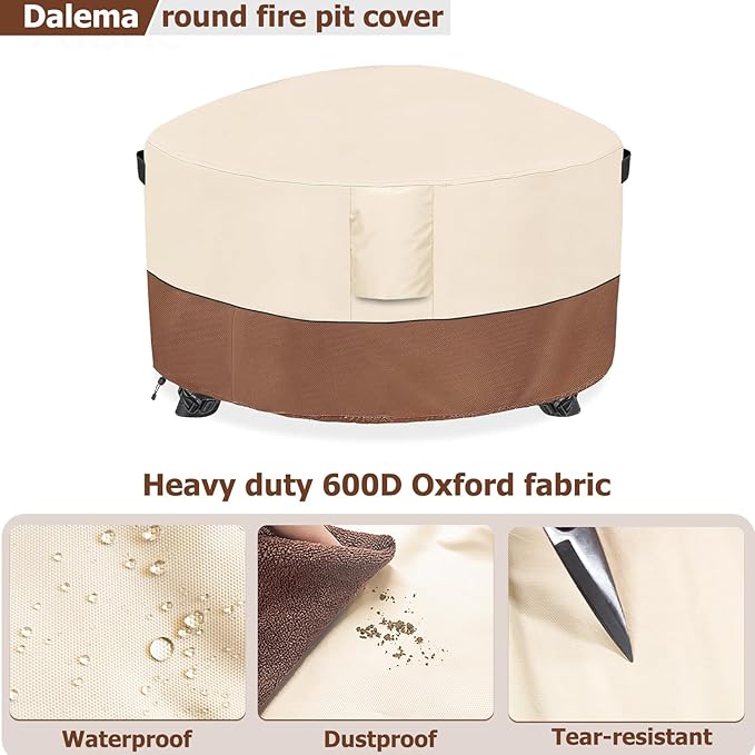 Fire Pit Cover,Outdoor Heavy Duty 600D 100% Waterproof Fire Pit Cover Round,Weatherproof Firepit Covers Round 36" Dia x 24" H,Beige & Brown