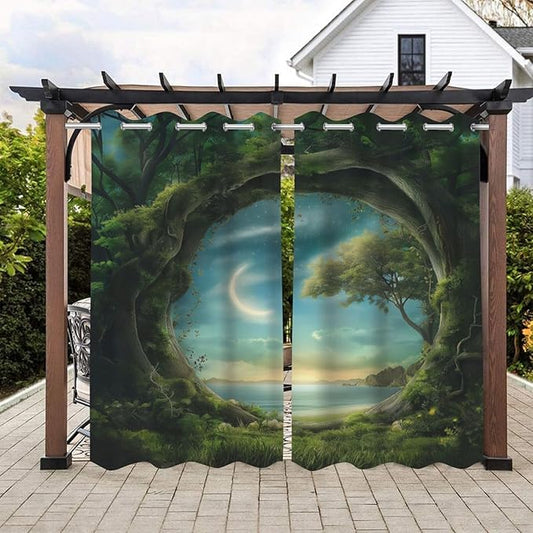Forest Theme Waterproof Indoor/Outdoor Curtains,Trees Moon Lake Pattern,Waterproof, Privacy, Grommet Curtains for Patio, Pergola, Porch, Deck, Lanai, Cabana,2 Panel,W42 x L63,Green