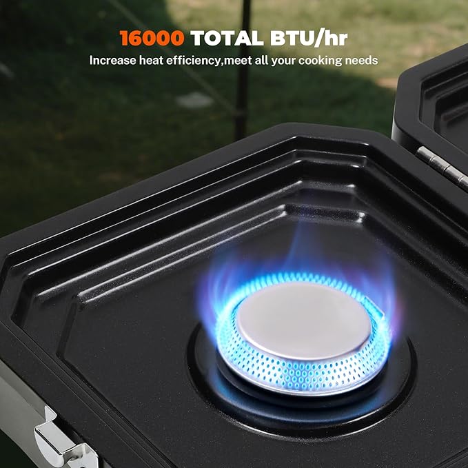 2 Burner Propane Camping Stove With Grill,Portable Foldable Camp Stove With 17000BTU, Two Piezo Ignition Adjustable Windproof Burners forCamping, Grilling, Tailgating, & More (Green)