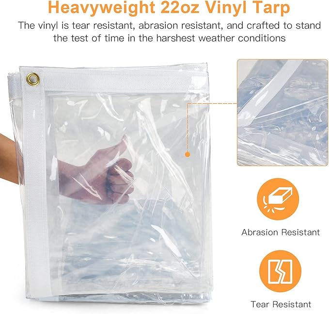 7 x 20FT Outdoor Clear Tarp Curtain Waterproof Wind-Proof 24 Mil Transparent Vinyl Tarp for Patio Pergola Garden Canopy Rainproof Anti-Tear PVC Thick Cover with Grommets