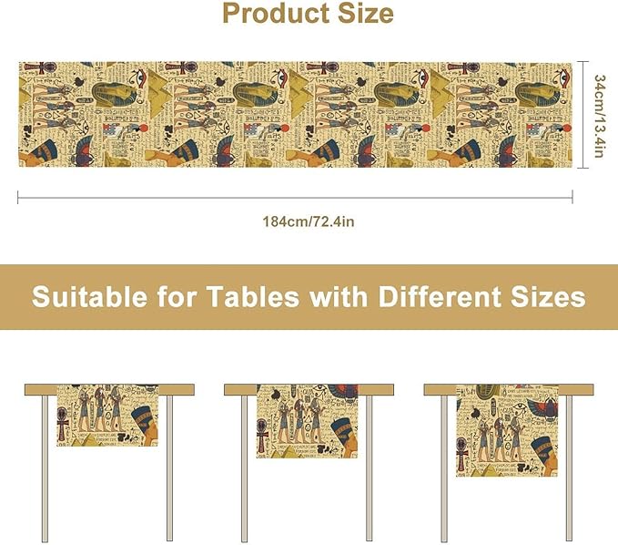 Ancient Egypt Table Runner, Egyptian Symbols Vintage Gold Pharaoh Pyramid Design Table Runner for Kitchen Family Dining Holiday Party 13x90in