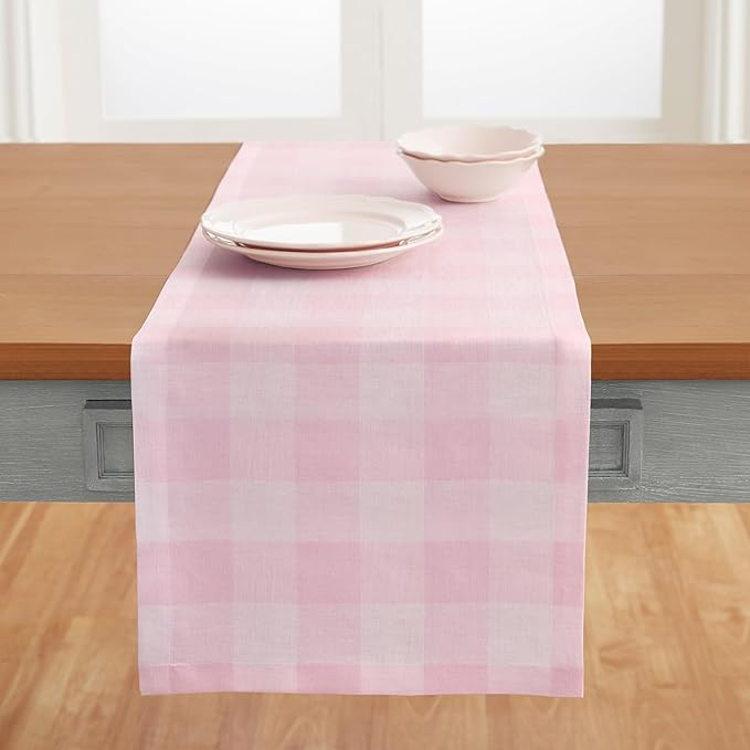 Solino Home Linen Checkered Table Runner 60 Inches - 100% Pure Linen Marshmellow Pink Buffalo Check Short Table Runner 14 x 60 Inch Ideal for Dresser and Coffee Tables, Valentines, Spring, Easter