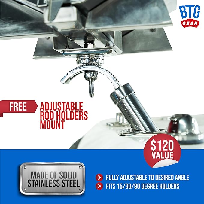 Tailwaves Marine Grill w/Rod Holder Mount | Stainless Steel | Propane BBQ for Boats & Tailgating & Camping | Built in Thermometer | Portable | Fold-away legs