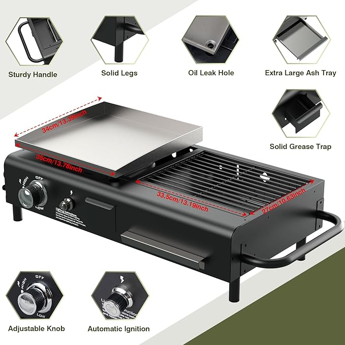 Tabletop Propane & Charcoal Grill Combo, 12,000 BTU Dual Fuel Flat Top Griddle with Dual Lids, 2 Side Shelves & Cast Iron Cooking Area – Compact BBQ Grill for Patio, Camping, and Small Outdoor Spaces