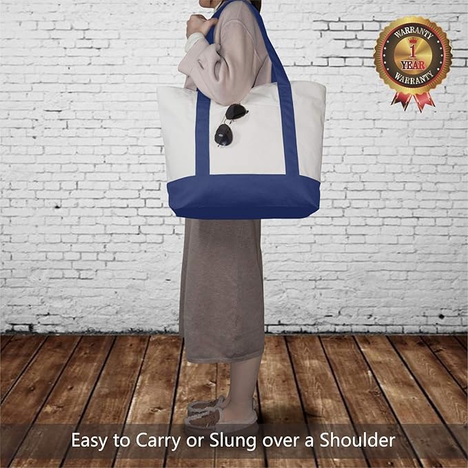 TOPDesign 6-Pack Canvas Tote Bags with an External Pocket, Reusable Grocery Shopping Bags, Top Zipper Closure, Daily Essentials (Blue/Natural)