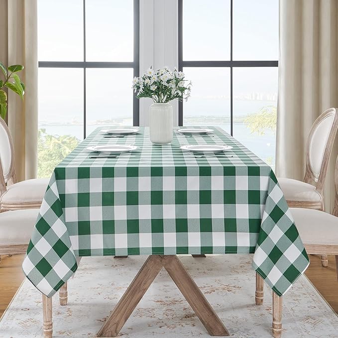 Softalker Gingham Checkered Tablecloth Rectangle - Outdoor Waterproof Buffalo Plaid Table Cloth, Stain Resistant Washable Table Cover for Picnic, Camping - Green and White, 2 Pack - 60 x 102 Inch