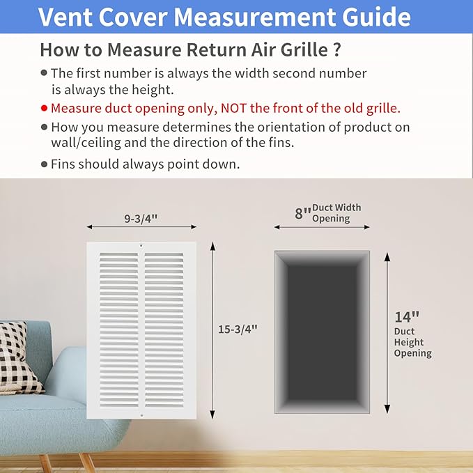8"W x 14"H [Duct Opening Size] Steel Return Air Grille, Air Return Vent Cover for Ceiling and Sidewall - HVAC Air Vent Covers - [Outer Dimensions: 9.75"W x 15.75"H]