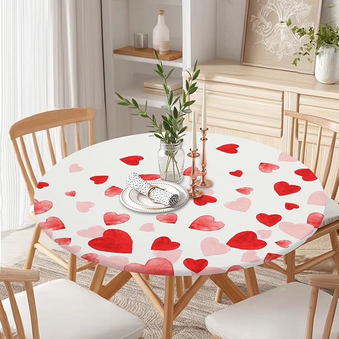 Valentines Day Round Fitted Tablecloth with Elastic Pink Red Love Heart Circle Table Cloth for 40-44" Round Tables Wipeable Waterproof Washable Valentine Table Cover for Picnic Dining Party Decor