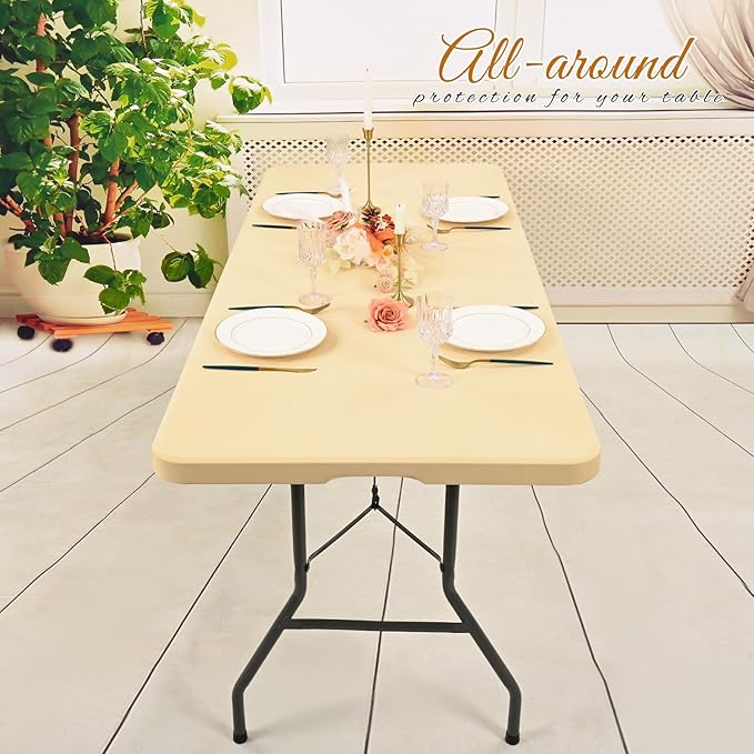 6 Pack Stretch Fabric Table Top Cap Cover, Beige Table Covers fits 8Ft Tables, Washable Elastic Universal Rectangle Tablecloth Protector for Indoor Outdoor Party Picnic Wedding (30" W x 96" L)