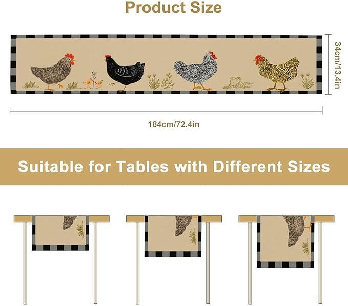 Farmhouse Roosters Chickens Table Runners, Black White Buffalo Plaid Vintage Rustic Animal Table Runner for Wedding Coffee Dining Table Party Home 13x90in