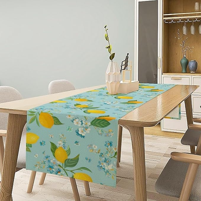 Farmhouse Lemon Fruit Table Runner,Nature Aesthetic Blue Flowers Plant Farmhouse Dining Table Decoration for Home Holiday Party Dresser Kitchen Cabin Restaurant Wedding Decor 13×120in