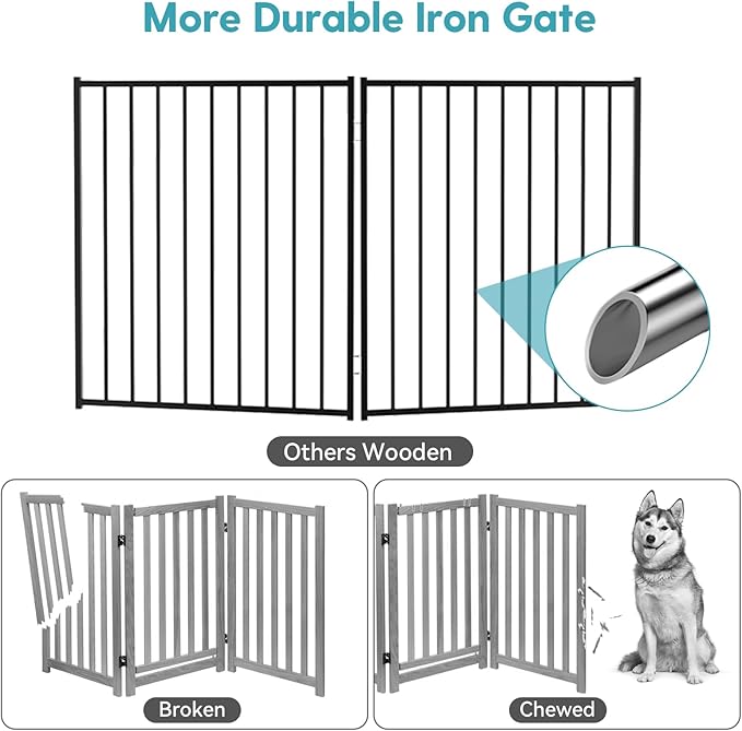 No Pawblems Free Standing Dog Gate with Door, 30'' Tall Foldable Dog Fence for Indoor & Outdoor, Up to 52 Inch Extra Wide Puppy Gate for Stairs, Hallways, Doorways, Deck, Yard (Black, 2 Panels)