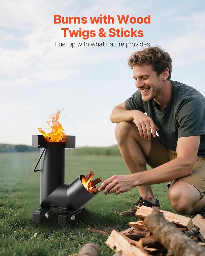 VEVOR Camping Rocket Stove, Wood Burning Portable Rocket Stove with Carrying Bag for Backpacking, Carbon Steel, Burn Wood, Twigs or Sticks for Outdoor Cooking, Backyard, Camp Cooking, Heating, Black