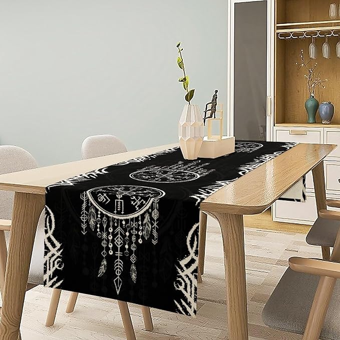 Viking Table Runner, Nordic Ancient Mythical Runes Print Table Runner for Home Dining Kitchen Coffee Table Party 13x120in