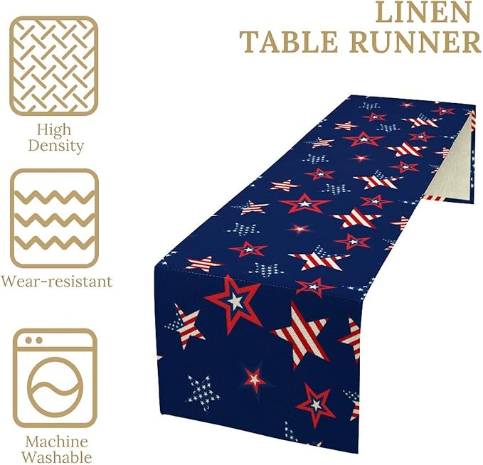 4th of July Patriotic Table Runner, Memorial Day Independence Day Freedom Stars Table Runner for Indoor Kitchen Dining Outdoor Holiday Party 13x70in