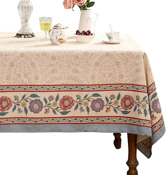 Beige Linen Rectangle Tablecloth,Vintage Indian Style Soft and Colorfast Floral Tablecloths,Decor Table Cover for Kitchen,Dining,Party,Thanksgiving,Christmas,63"*87"-Flowershadow E