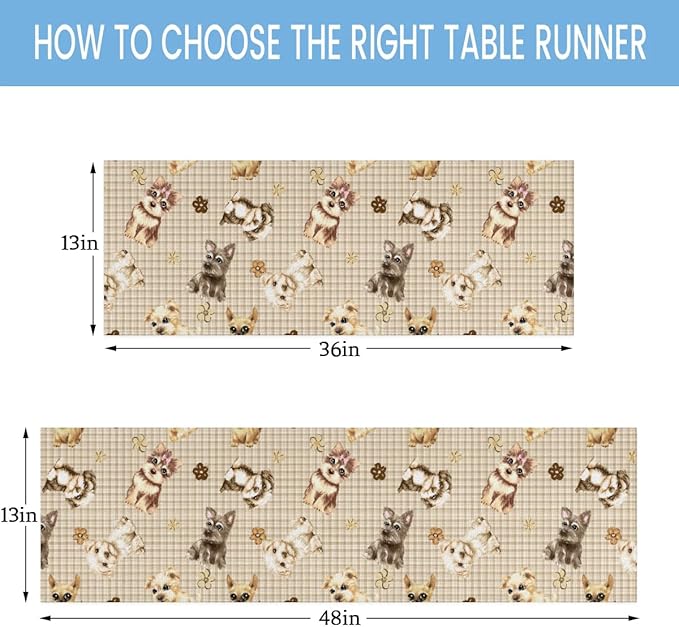 Cute Puppy Table Runner Kitchen Dining Table Runner 13*48in Table Center Decor for Indoor Outdoor Home Holiday Party