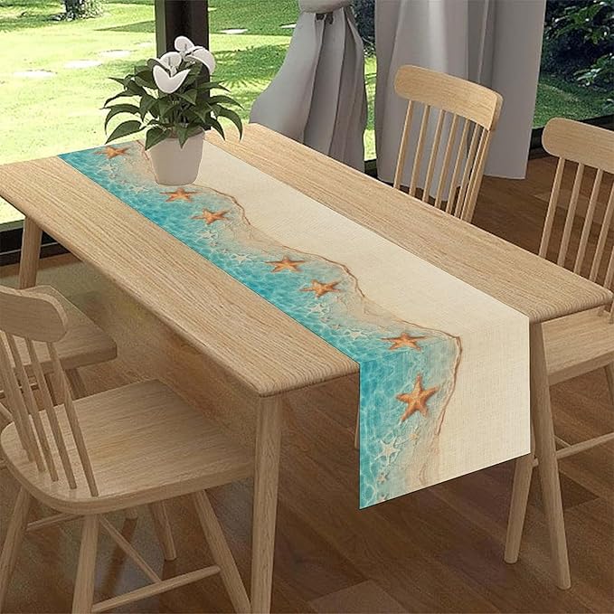 Summer Ocean Starfish Table Runner, Tropical Coastal Blue Sandy Clear Sea Water Waves Coffee Table Center Deco, for Family Kitchen and Living Room Farmhouse Party Table Decorations, 13" X 108"