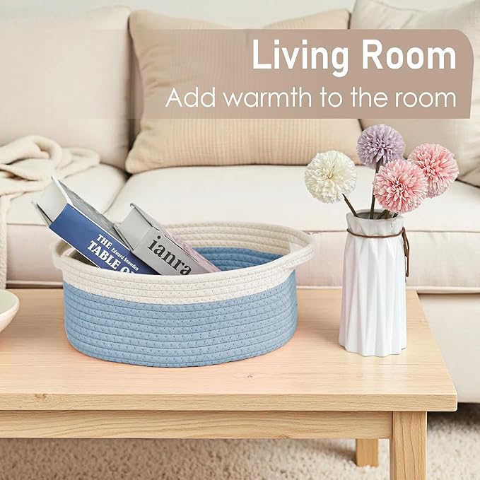 Woven Basket,Small Rope Storage Bin with Handles & Ribbon Bag, Organizer for Shelves Closets,Gift Basket Empty for Birthday,Books,Dog Toys, White&Blue/2 Pack
