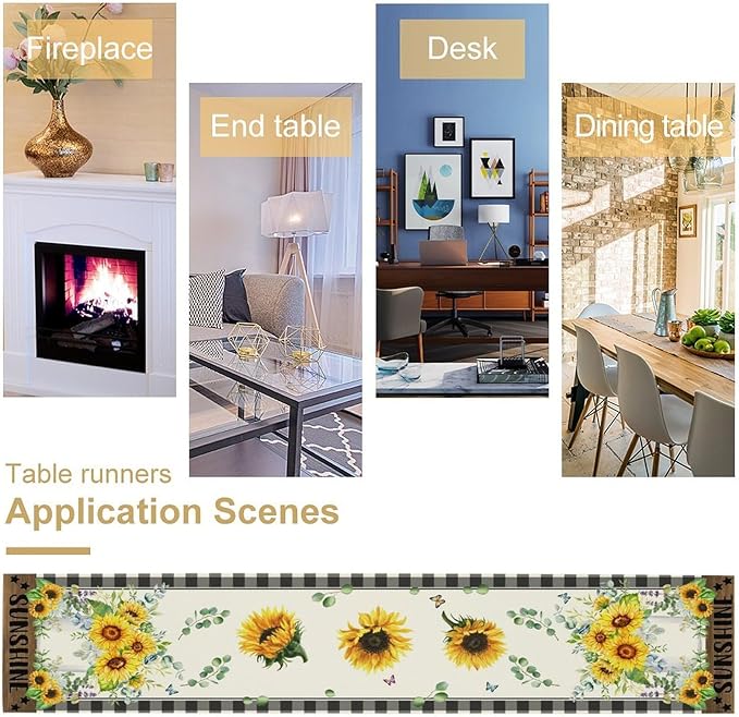 Sunflower Table Runner, Buffalo Floral Seasons Spring Summer Fall Table Runner for Kitchen Dining Farmhouse Home Party Outdoor 13x36in