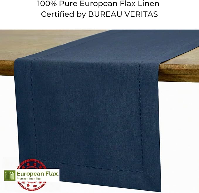 D'Moksha Homes Linen Navy Blue Table Runner 84 Inches Long - 100% Pure Linen Table Runner 14 x 84 Inch for Easter - Classic Hemstitch