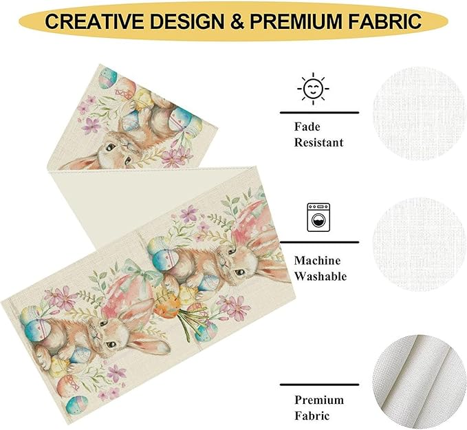 Easter Bunny Table Runner,Rustic Watercolor Bunnies Easter Eggs Carrots Floral Seasonal Table Center Decor for Family Kitchen Living Room Outdoor Farmhouse Party Table Decorations, 13"x108"