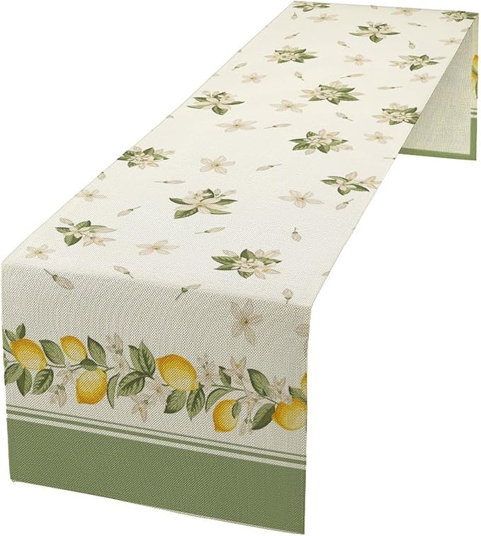 Lemon Spring Table Runner, Farmhouse Rustic Summer Flower Leaves Table Cover for Home Kitchen Dining Room Table, 13x90inch