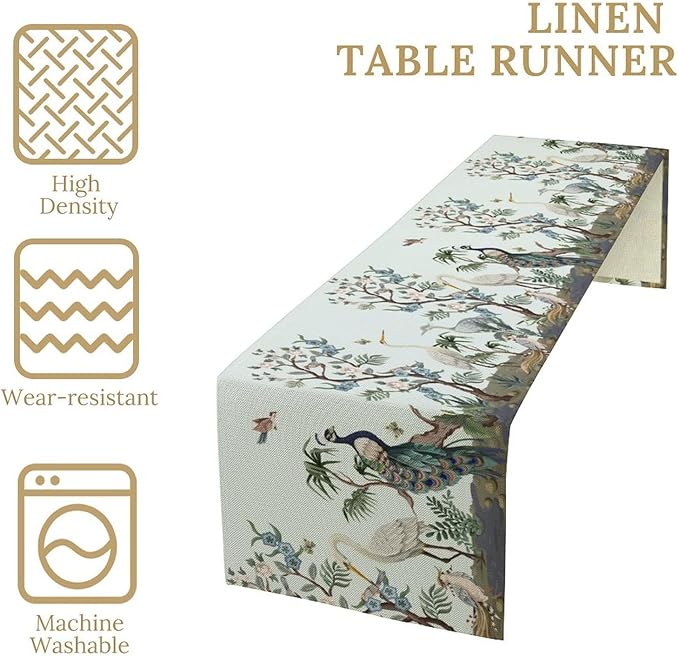 Blue Peacock Table Runner,Rustic Light Blue Crane Floral Branch Table Center Decor for Home Dining Kitchen Patio Holiday Party Indoor Table Decorations, 13"x36"