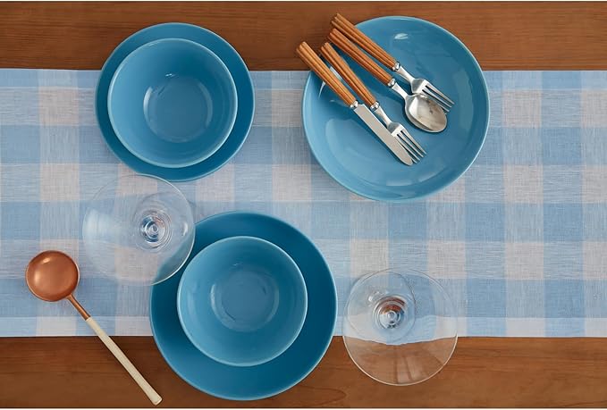 Solino Home Linen Checkered Table Runner 120 Inches Long - 100% Pure Linen Blue Bell Buffalo Check Table Runner 14 x 120 Inch Ideal for Dining, Spring, Easter, Winter