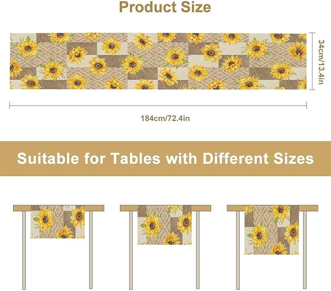 Farmhouse Sunflower Table Runner, Rustic Vintage Linen Patchwork Summer Yellow Floral Table Cover for Bithday Party Home Kitchen Dining Room Decor, 13x108inch
