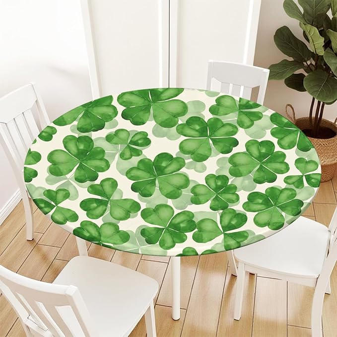 St Patricks Day Round Fitted Tablecloth with Elastic Spring Green Watercolor Shamrock Circle Table Cloth for 48-52" Tables Waterproof Washable Clover Leaf Floral Table Cover for Outdoor Picnic Dining