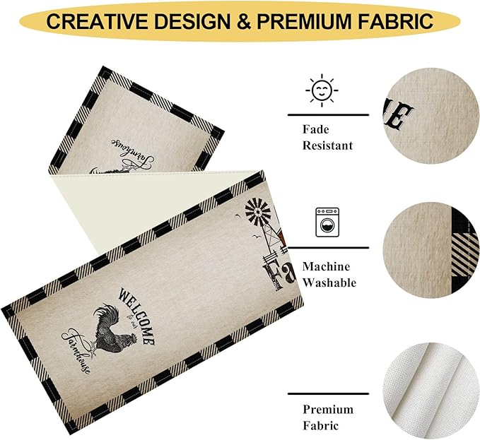 Farm Animals Table Runner, Rustic Farmhouse Cow Pig Rooster Watercolor Coffee Table Center Decor for Home Kitchen Dining Patio Holiday Party Indoor Outdoor Table Decorations, 13"x72" Inch