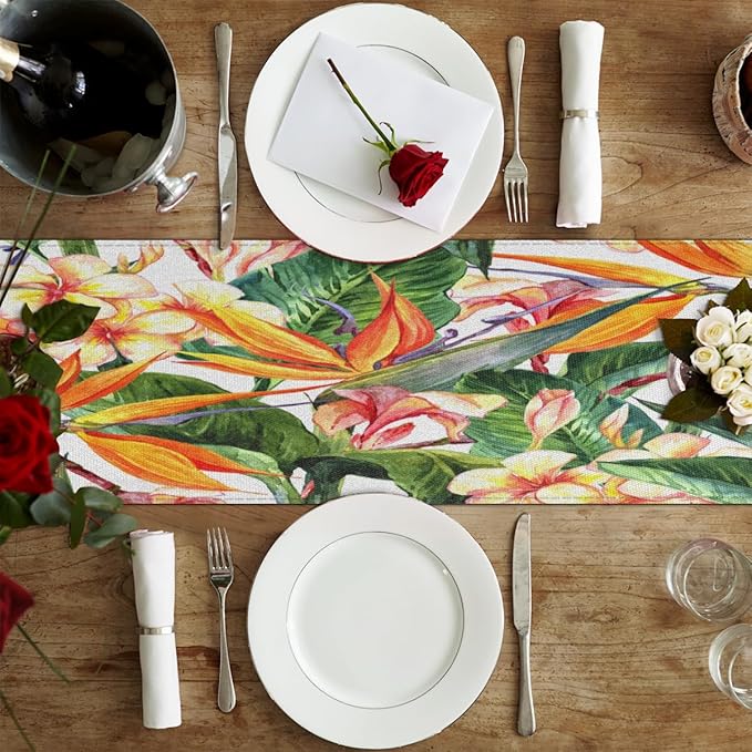 Tropical Exotic Flowers Bird Paradise Table Runner Kitchen Dining Table Runner 13*72in Table Center Decor for Indoor Outdoor Home Holiday Party