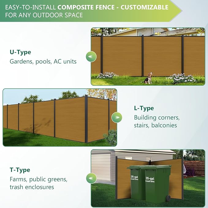 Mondaria Fence Privacy Screen with 8ft In-ground Posts, 6ft(H) x42ft(W) Wood Plastic Composite Fence Panels Weather-Resistant Outdoor Fence for Backyard/Garden (Yellow Teak, 8 Posts)
