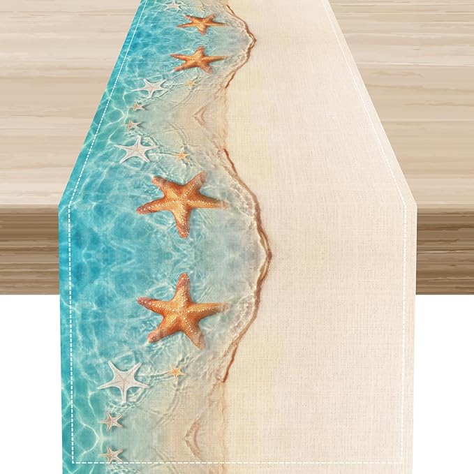 Summer Ocean Starfish Table Runner, Tropical Coastal Blue Sandy Clear Sea Water Waves Coffee Table Center Deco, for Family Kitchen and Living Room Farmhouse Party Table Decorations, 13" X 108"
