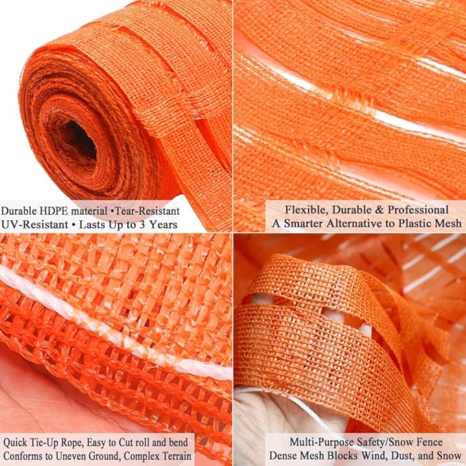 5x100 FT Orange Safety Fence, Plastic Mesh Roll for Temporary Barrier Use in Construction Sites, Snow Fencing Driveway Marking, Ski Trails, Crowd Control & Nighttime Emergency Warning