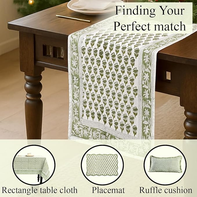 CPC Cotton Table Runner 16x72 Inch Block Printed Long Fall Table Runner for Dining Table, Card Table, Coffee Table, Wedding, Farmhouse & Outdoor Barbeque-Emerald Green