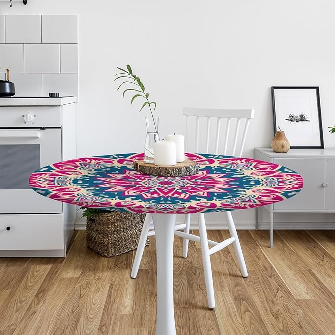 Beautiful Flower Mandala Round Table Cloth Cover, Elastic Edge Waterproof Wipeable Tablecloths 45"-56" Polyester Tablecloth for Party Restaurant Banquet Holiday Camping Outdoor Picnic