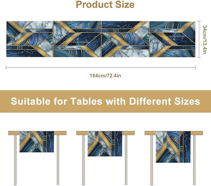 Marble Texture Table Runner, Dark Blue Gold Modern Mosaic Design Table Runner Decoration for Kitchen Family Dinner Table Holiday Party Farmhouse 13x60in
