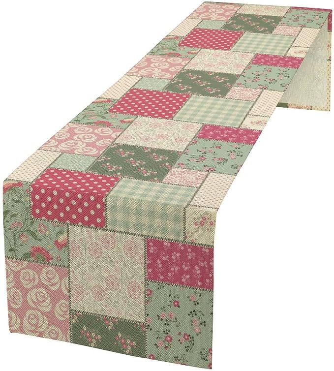 Patchwork Flowers Table Runner, Boho Plaid Floral Retro Romantic Rose Plants Table Runner for Dining Coffee Party Holiday Farmhouse 13x70in