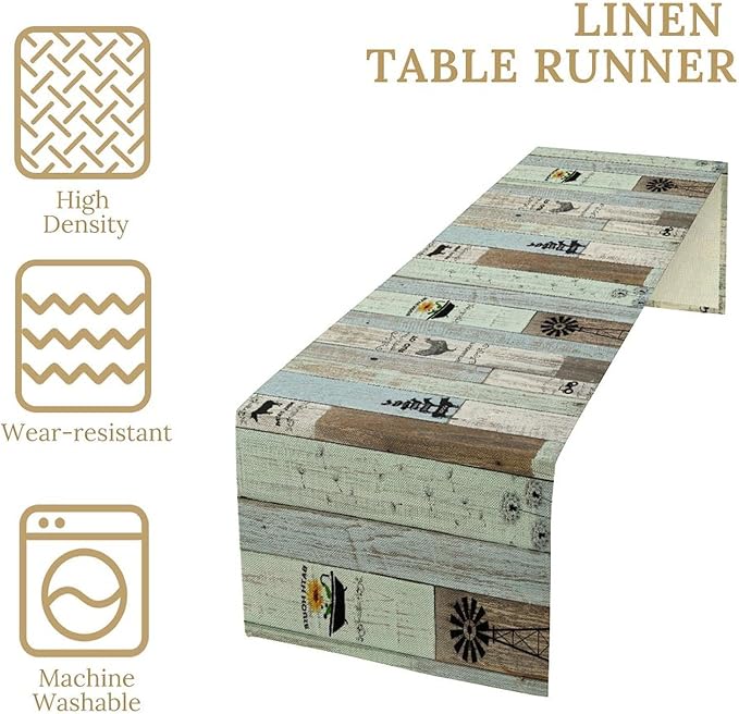 Rustic Farmhouse Table Runner, Vintage Country Blue Green Wooden Board Cow Chicken Pig Windmill Print Table Runner for Kitchen Dining Room Wedding Party Decor, 13x60inch