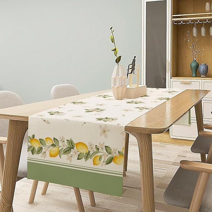 Lemon Spring Table Runner, Farmhouse Rustic Summer Flower Leaves Table Cover for Home Kitchen Dining Room Table, 13x90inch